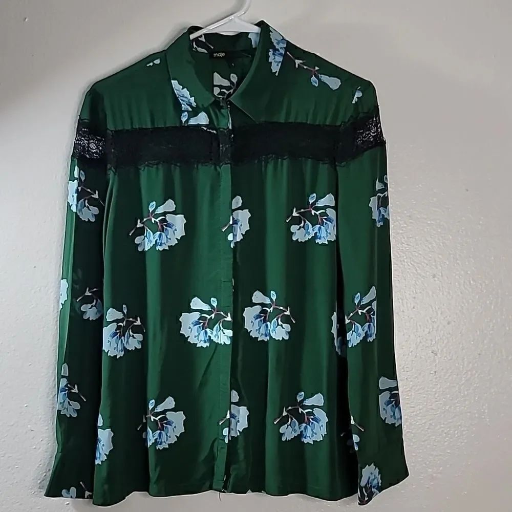 Maje Green Silk Blend Black Lace Floral Printed Top Size Small